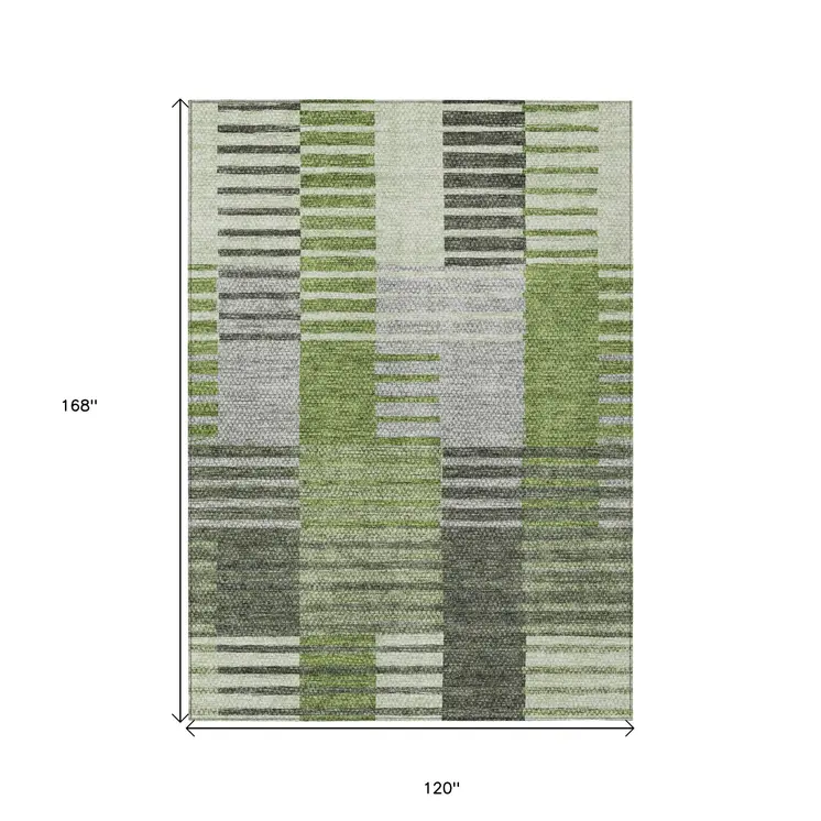 10' X 14' Green And Olive Green Striped Washable Indoor Outdoor Area Rug