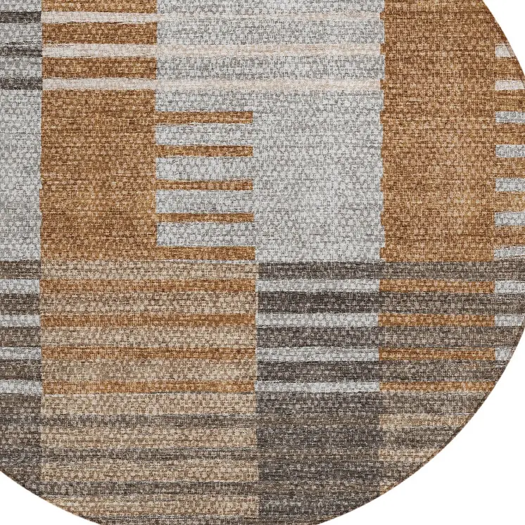 8' Chocolate And Gray Round Striped Washable Indoor Outdoor Area Rug