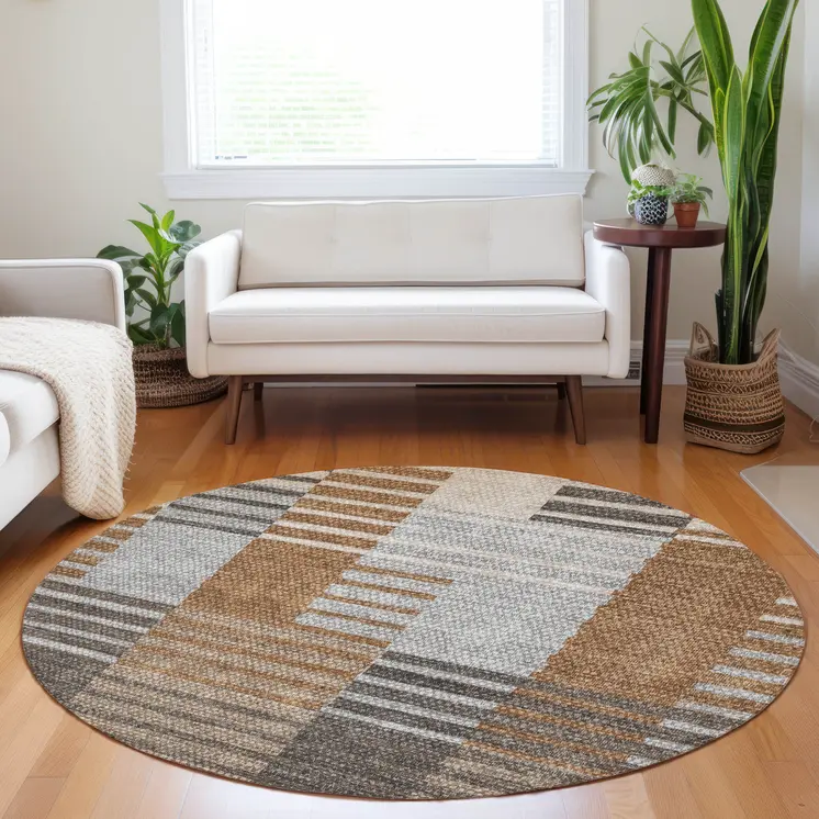 8' Chocolate And Gray Round Striped Washable Indoor Outdoor Area Rug