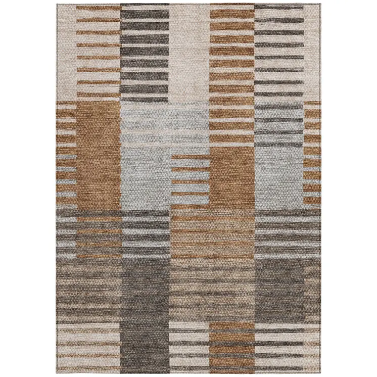 9' X 12' Chocolate And Gray Striped Washable Indoor Outdoor Area Rug