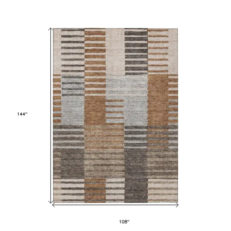 9' X 12' Chocolate And Gray Striped Washable Indoor Outdoor Area Rug
