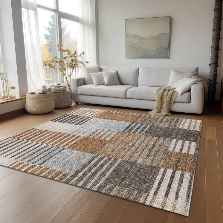 9' X 12' Chocolate And Gray Striped Washable Indoor Outdoor Area Rug