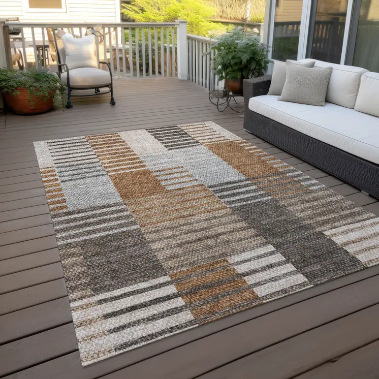 10' X 14' Chocolate And Gray Striped Washable Indoor Outdoor Area Rug