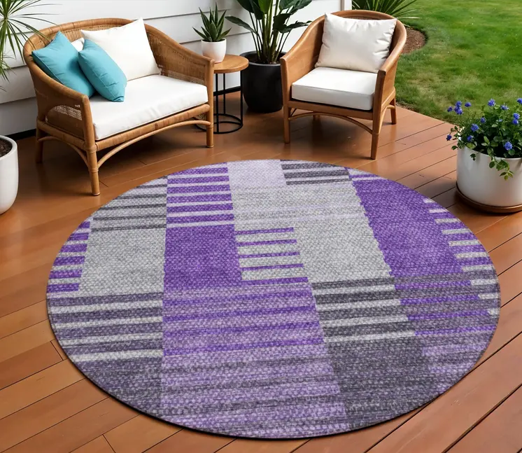 8' Purple Lavender And Eggplant Round Striped Washable Indoor Outdoor Area Rug