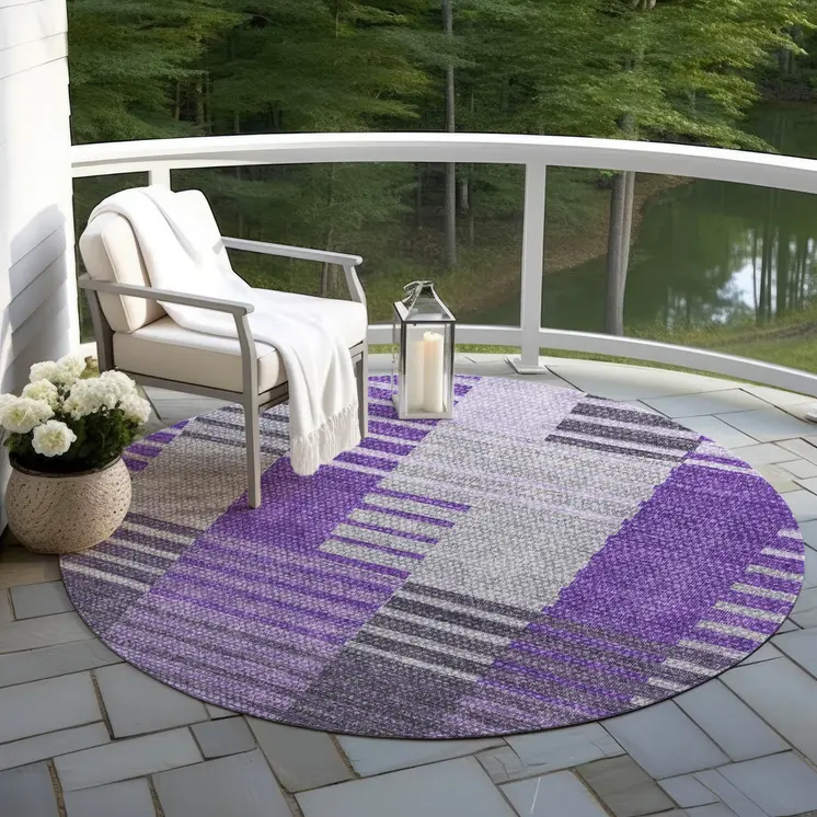 8' Purple Lavender And Eggplant Round Striped Washable Indoor Outdoor Area Rug