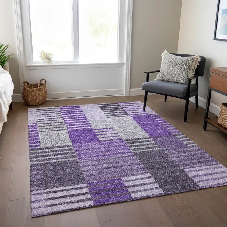 8' X 10' Purple Lavender And Eggplant Striped Washable Indoor Outdoor Area Rug