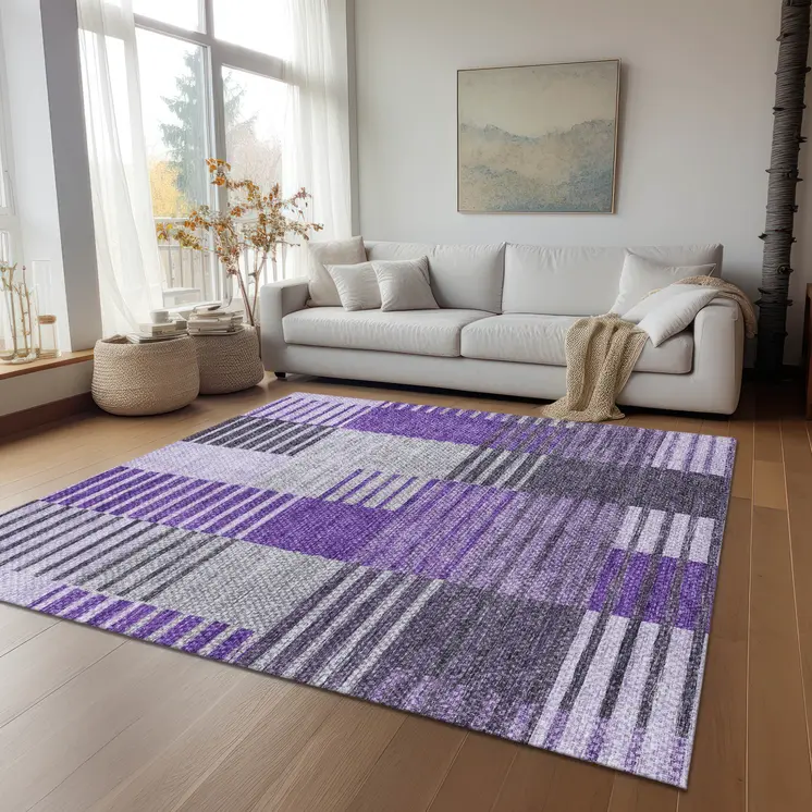 8' X 10' Purple Lavender And Eggplant Striped Washable Indoor Outdoor Area Rug