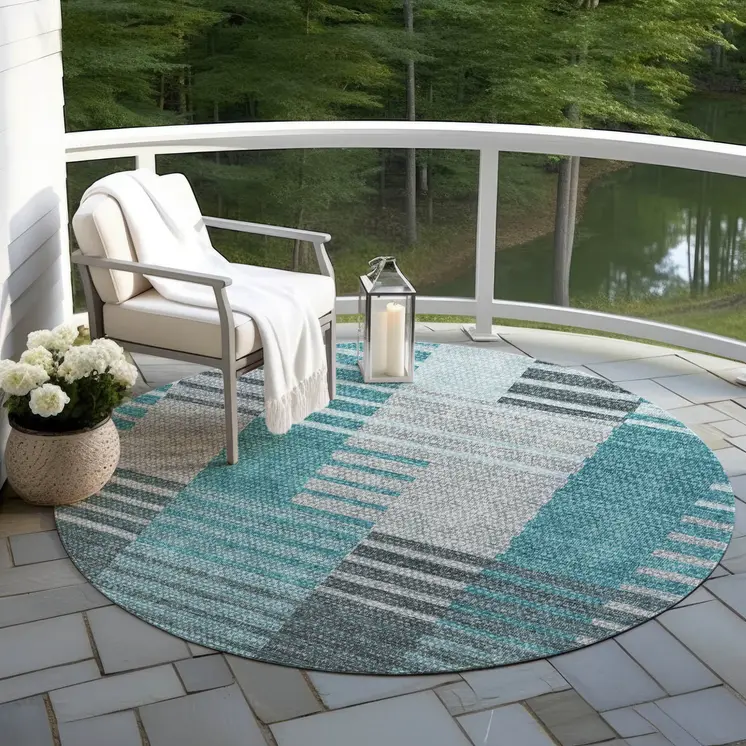 8' Teal Blue Aqua And Gray Round Striped Washable Indoor Outdoor Area Rug