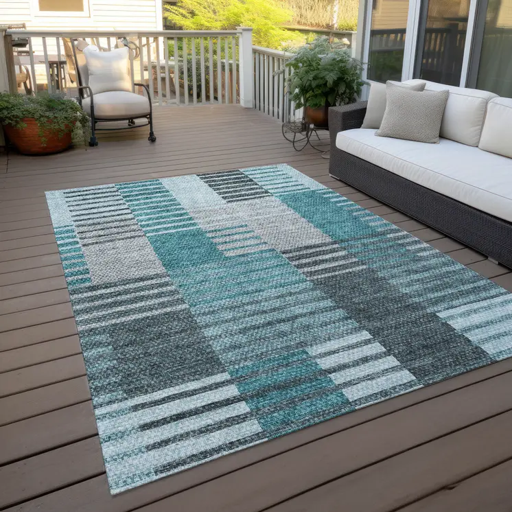 8' X 10' Teal Blue Aqua And Gray Striped Washable Indoor Outdoor Area Rug