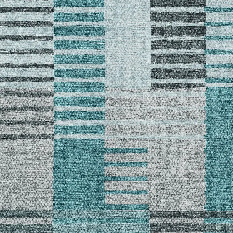 8' X 10' Teal Blue Aqua And Gray Striped Washable Indoor Outdoor Area Rug