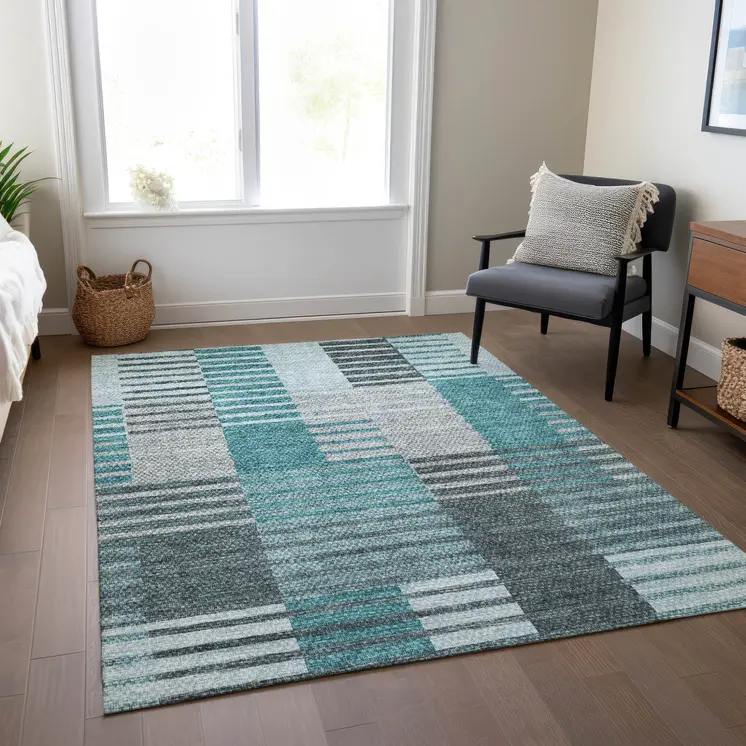 8' X 10' Teal Blue Aqua And Gray Striped Washable Indoor Outdoor Area Rug