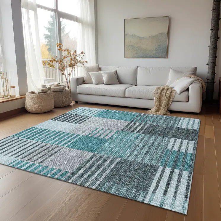 10' X 14' Teal Blue Aqua And Gray Striped Washable Indoor Outdoor Area Rug