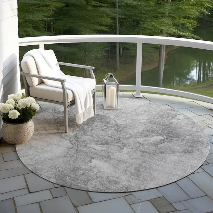 8' Gray Silver And Charcoal Round Nautical Washable Indoor Outdoor Area Rug