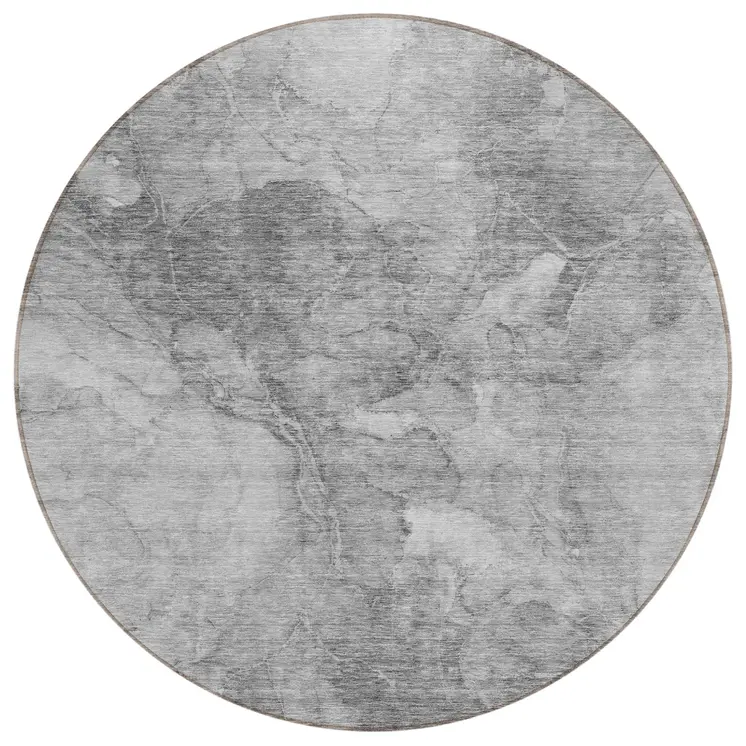 8' Gray Silver And Charcoal Round Nautical Washable Indoor Outdoor Area Rug