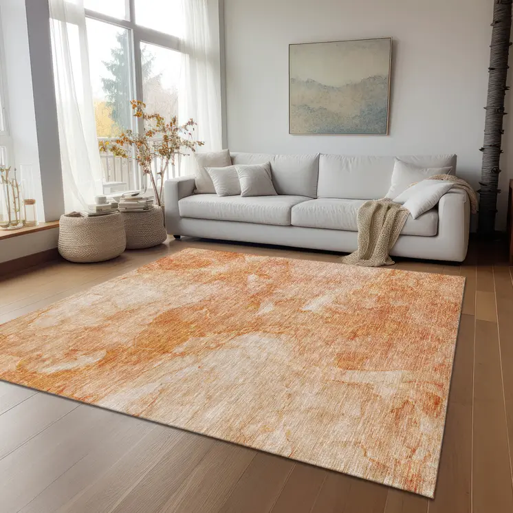 9' X 12' Salmon Peach And Ivory Nautical Washable Indoor Outdoor Area Rug