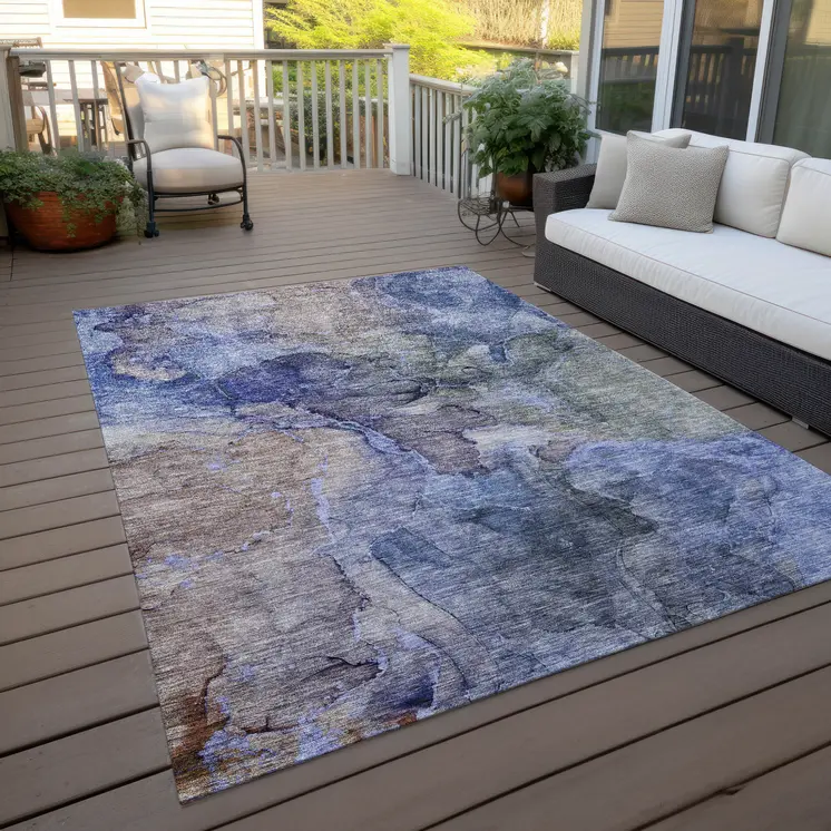 3' X 5' Navy Blue And Beige Abstract Washable Indoor Outdoor Area Rug
