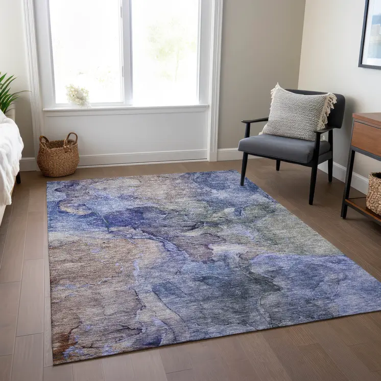 3' X 5' Navy Blue And Beige Abstract Washable Indoor Outdoor Area Rug