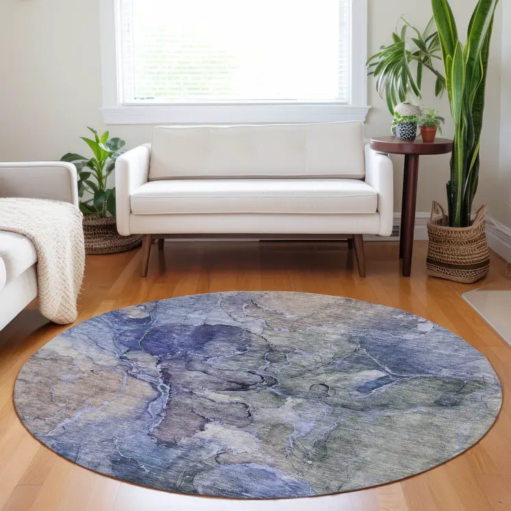 8' Navy Blue And Beige Round Abstract Washable Indoor Outdoor Area Rug
