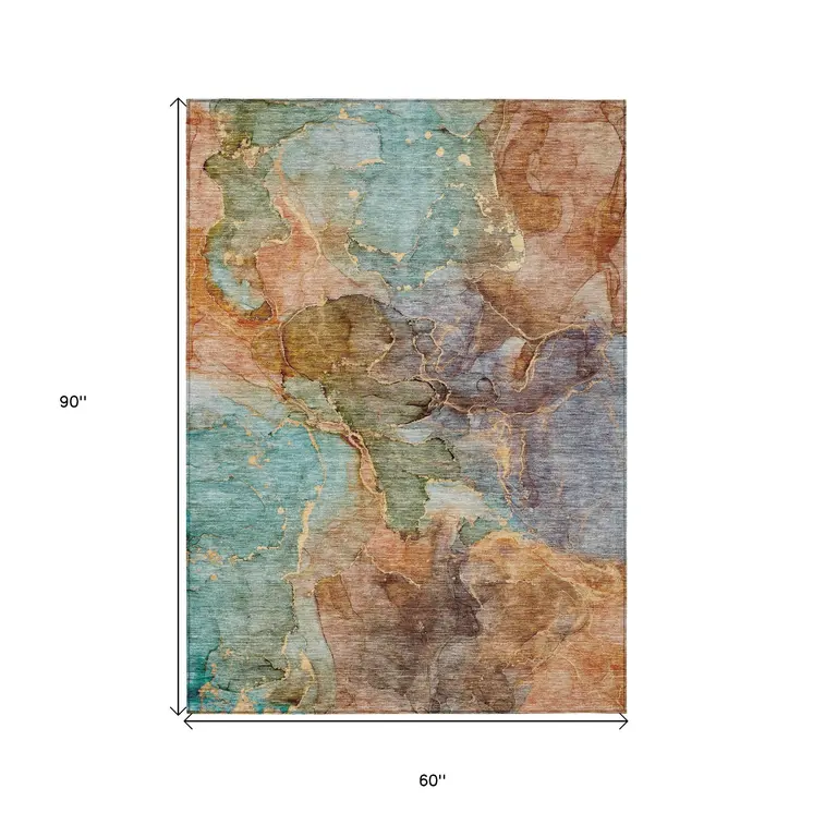 5' X 8' Copper Orange And Teal Blue Abstract Washable Indoor Outdoor Area Rug