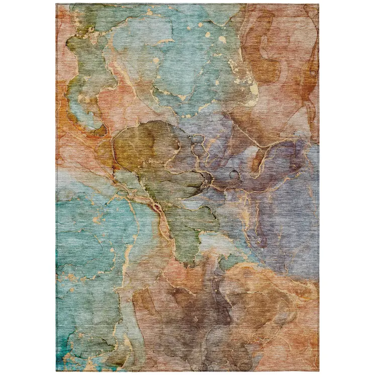 5' X 8' Copper Orange And Teal Blue Abstract Washable Indoor Outdoor Area Rug