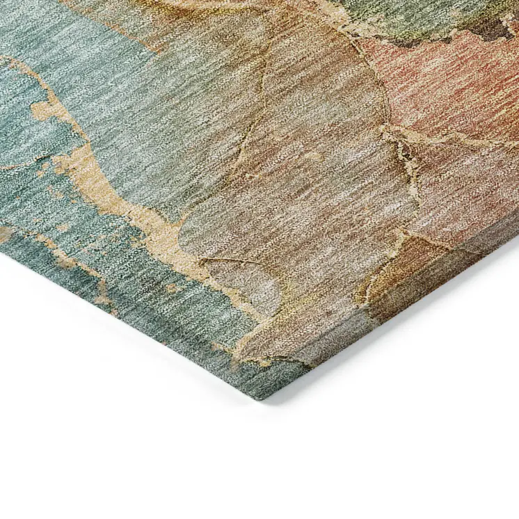 5' X 8' Copper Orange And Teal Blue Abstract Washable Indoor Outdoor Area Rug