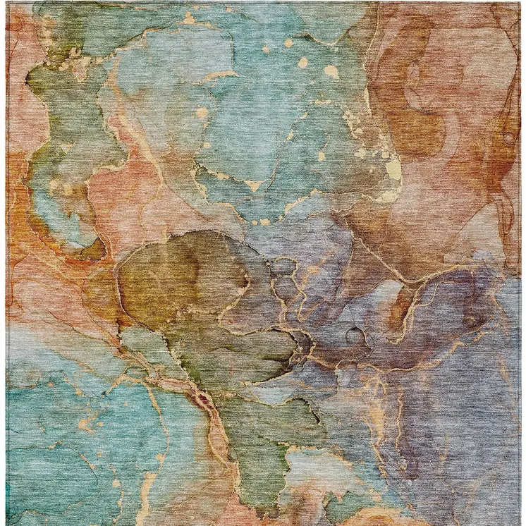 5' X 8' Copper Orange And Teal Blue Abstract Washable Indoor Outdoor Area Rug