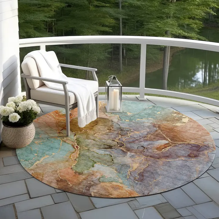 8' Copper Orange And Teal Blue Round Abstract Washable Indoor Outdoor Area Rug