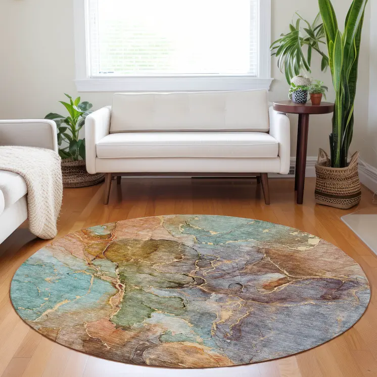 8' Copper Orange And Teal Blue Round Abstract Washable Indoor Outdoor Area Rug