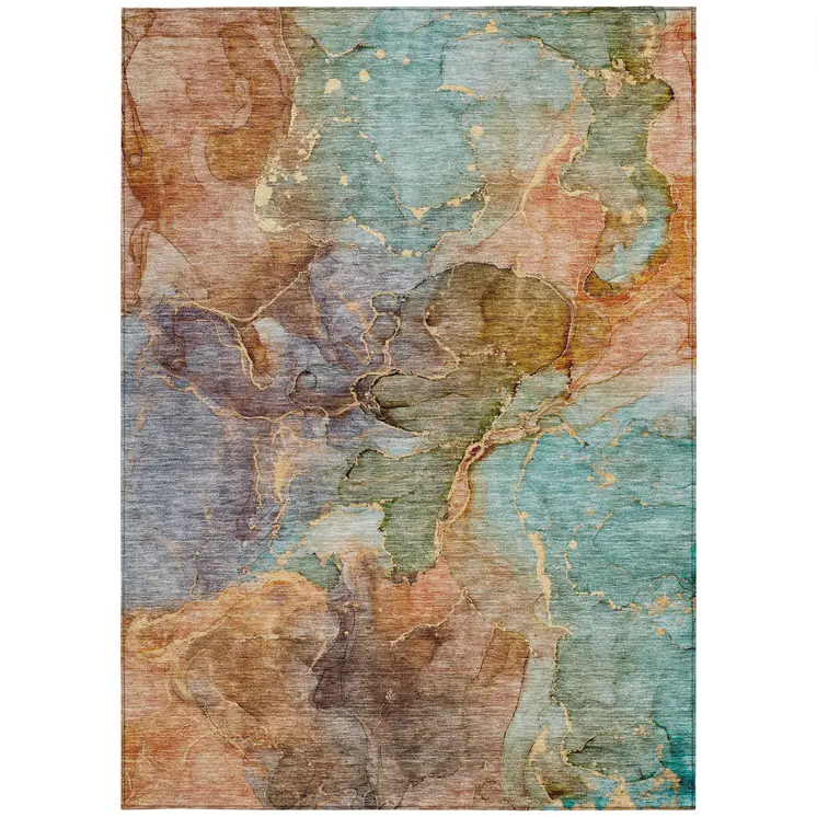 10' X 14' Copper Orange And Teal Blue Abstract Washable Indoor Outdoor Area Rug