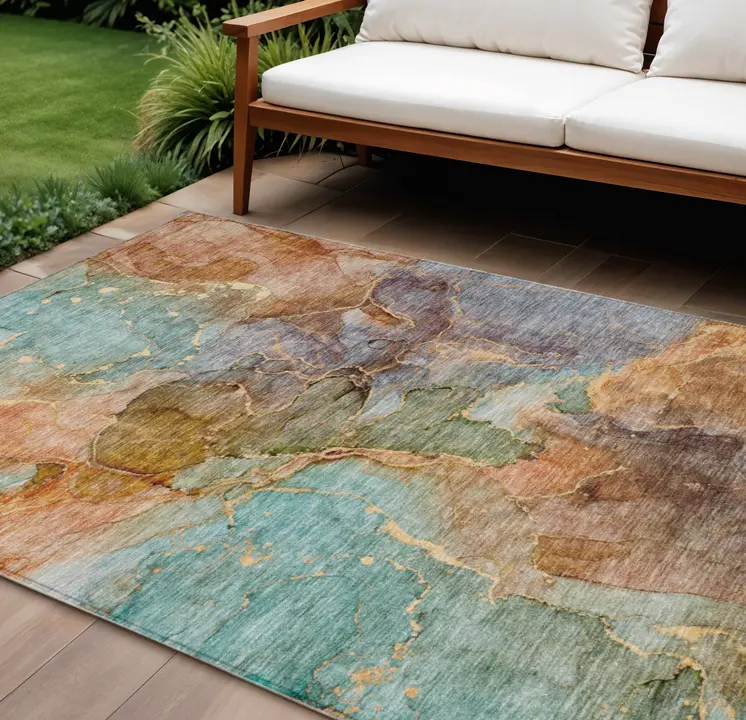 10' X 14' Copper Orange And Teal Blue Abstract Washable Indoor Outdoor Area Rug