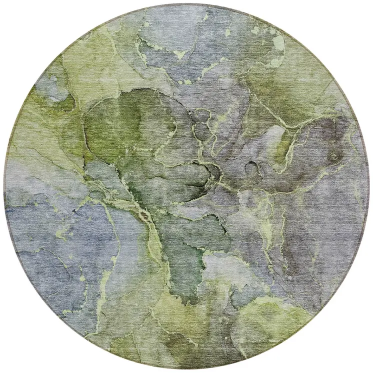 8' Olive Green And Gray Round Abstract Washable Indoor Outdoor Area Rug