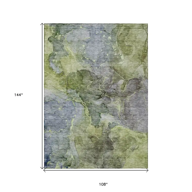 9' X 12' Olive Green And Gray Abstract Washable Indoor Outdoor Area Rug