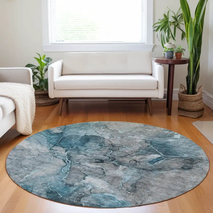 8' Teal Blue And Navy Blue Round Abstract Washable Indoor Outdoor Area Rug