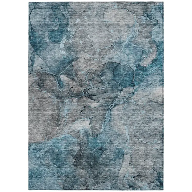 8' X 10' Teal Blue And Navy Blue Abstract Washable Indoor Outdoor Area Rug