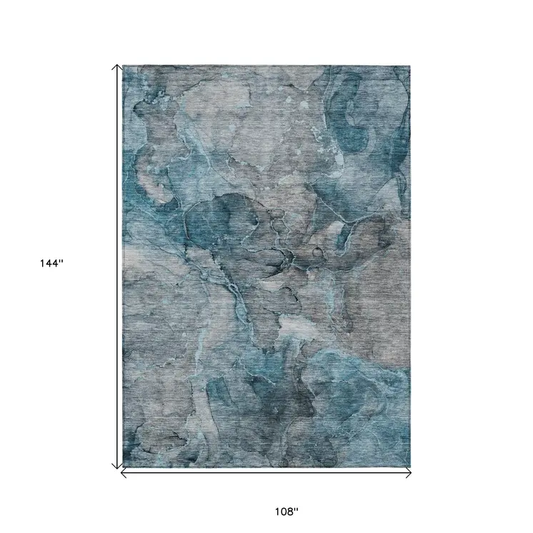 9' X 12' Teal Blue And Navy Blue Abstract Washable Indoor Outdoor Area Rug