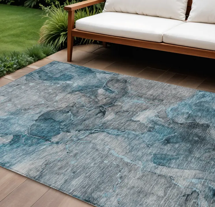9' X 12' Teal Blue And Navy Blue Abstract Washable Indoor Outdoor Area Rug