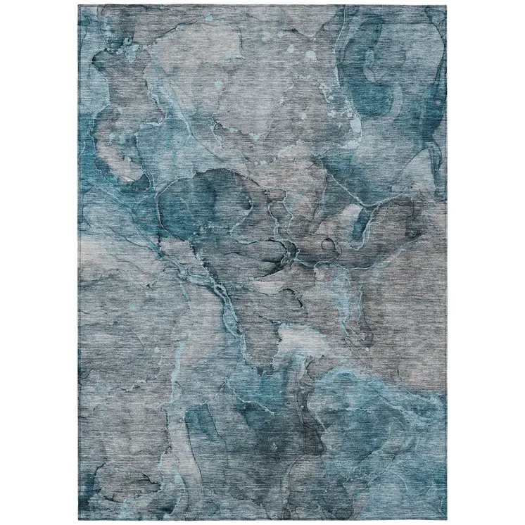 9' X 12' Teal Blue And Navy Blue Abstract Washable Indoor Outdoor Area Rug