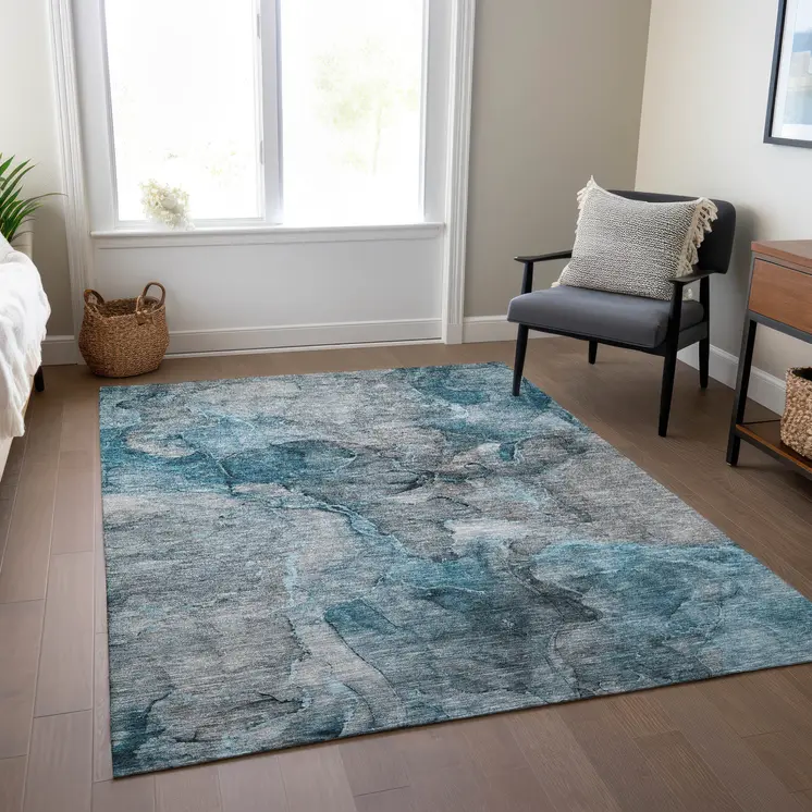9' X 12' Teal Blue And Navy Blue Abstract Washable Indoor Outdoor Area Rug