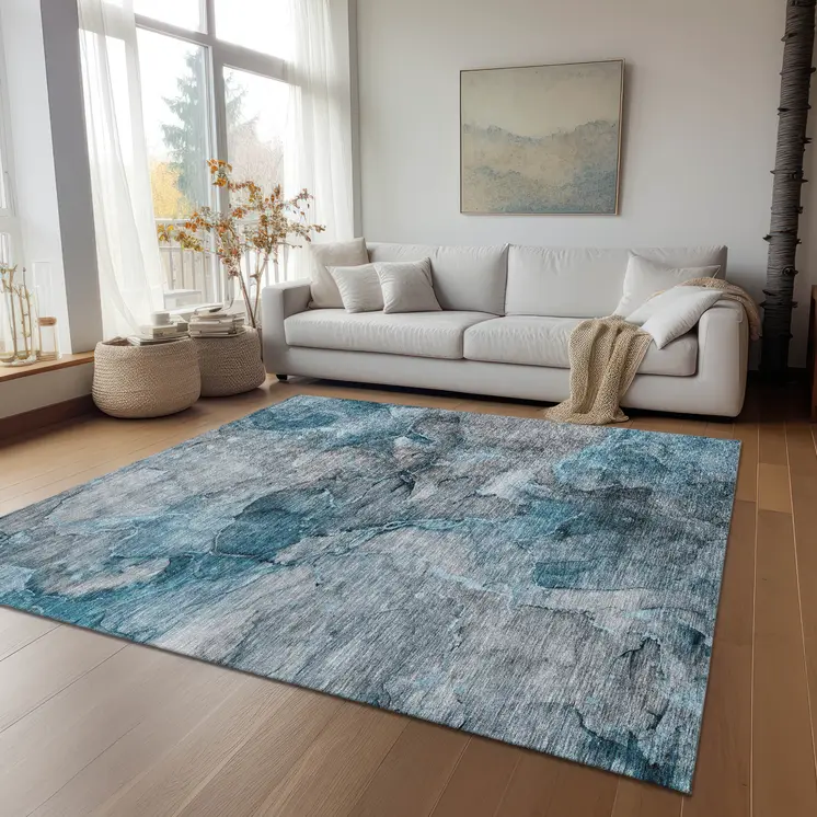 9' X 12' Teal Blue And Navy Blue Abstract Washable Indoor Outdoor Area Rug