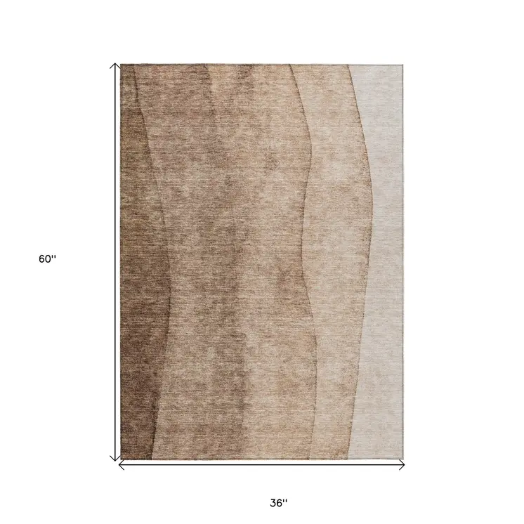 3' X 5' Brown And Beige Ombre Washable Indoor Outdoor Area Rug
