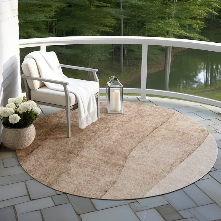 8' Brown And Beige Round Ombre Washable Indoor Outdoor Area Rug