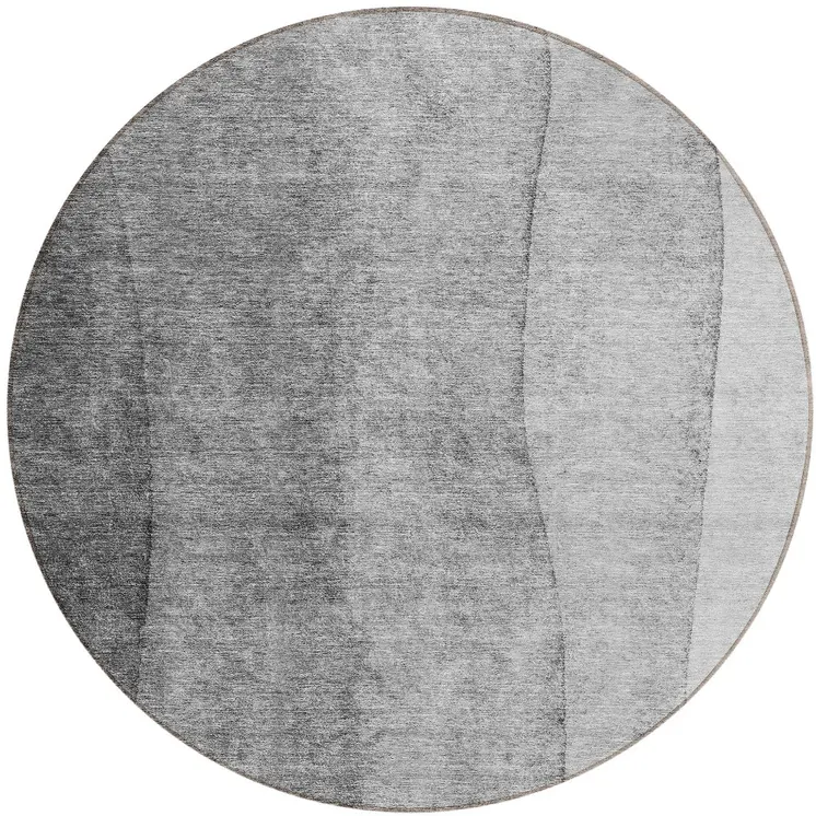 8' Gray Silver And Charcoal Round Ombre Washable Indoor Outdoor Area Rug