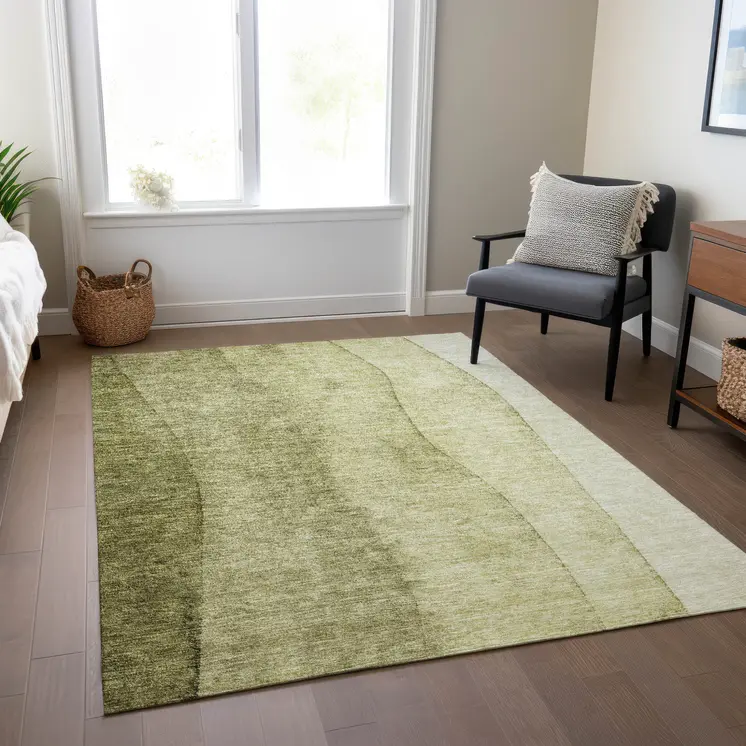 9' X 12' Olive Green And Artichoke Green Ombre Washable Indoor Outdoor Area Rug