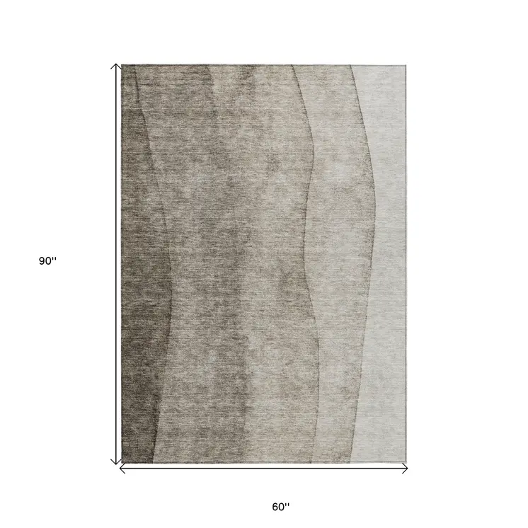 5' X 8' Taupe Brown And Ivory Ombre Washable Indoor Outdoor Area Rug