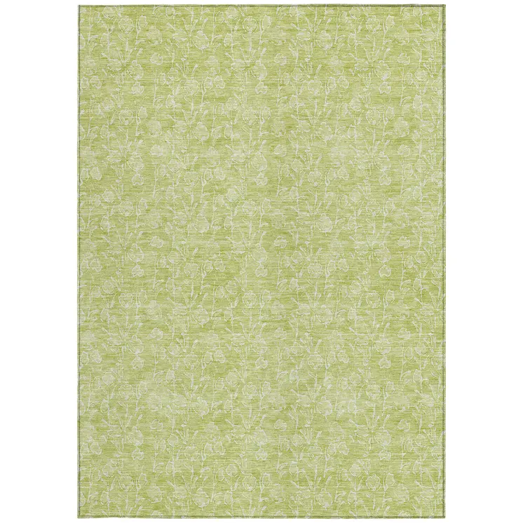3' X 5' Artichoke Green And Ivory Floral Washable Indoor Outdoor Area Rug