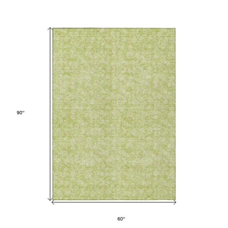 5' X 8' Artichoke Green And Ivory Floral Washable Indoor Outdoor Area Rug