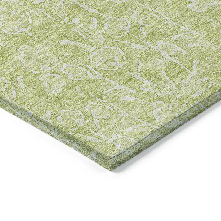 5' X 8' Artichoke Green And Ivory Floral Washable Indoor Outdoor Area Rug
