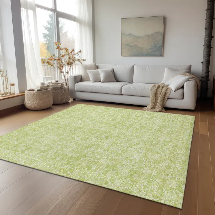 5' X 8' Artichoke Green And Ivory Floral Washable Indoor Outdoor Area Rug