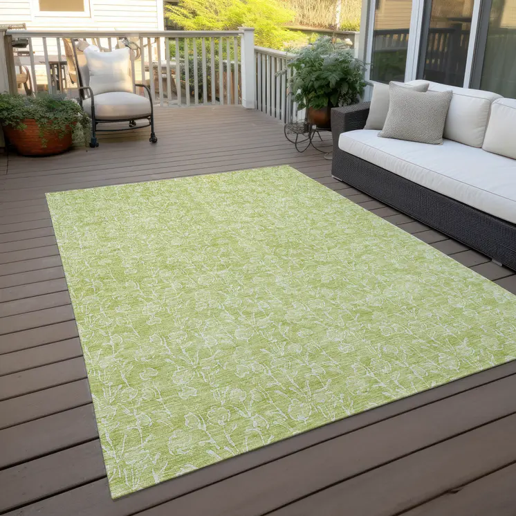 8' X 10' Artichoke Green And Ivory Floral Washable Indoor Outdoor Area Rug