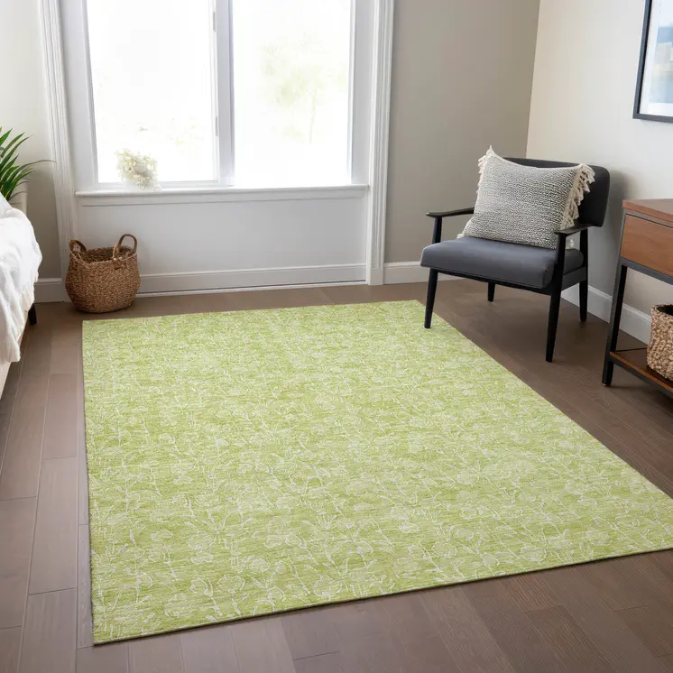8' X 10' Artichoke Green And Ivory Floral Washable Indoor Outdoor Area Rug